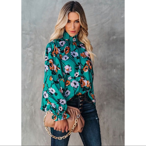Green Floral Smocked Mock Neck Long Sleeve Blouse - Picture 1 of 6